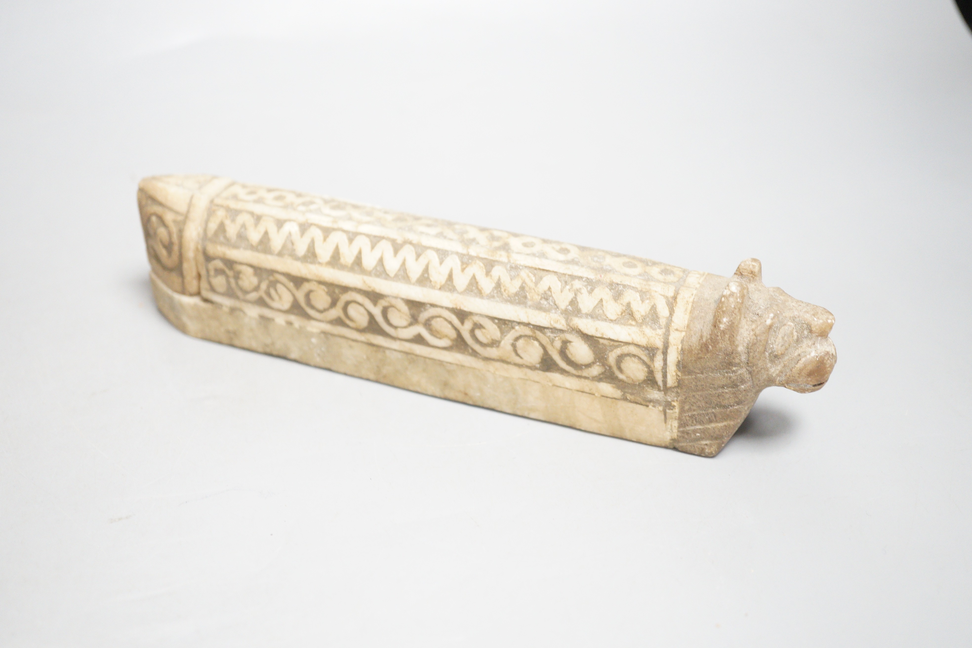 Am Islamic alabaster scribes box, a lacquered brass vase and a Persian knife, tallest 24cm